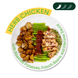 Herb Chicken with Roasted Potatoes, French Beans and Harissa Sauce - REG