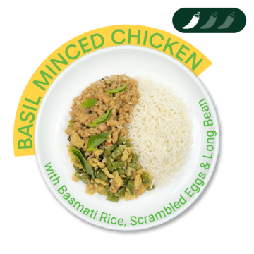 Basil Minced Chicken with Coconut Basmati Rice, Scrambled Eggs and Long Beans