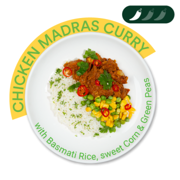 Chicken Madras Curry with Basmati Rice, Sweet Corn & Green Peas